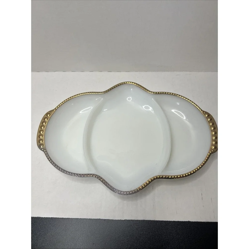 Vintage Fire King Milk Glass Divided Relish Dish Gold Beaded Trim Anchor Hocking